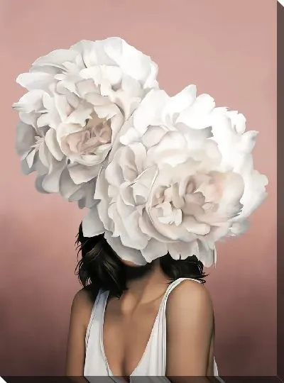 Картина Девушка с цветами на голове на розовом фоне