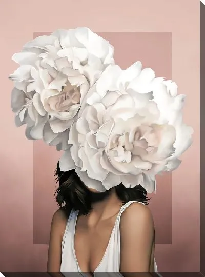 Картина Девушка с двумя цветками на голове на розовом фоне