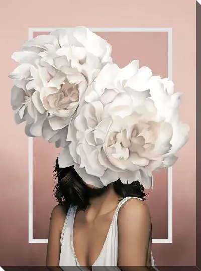 Картина Девушка с пионами на голове на розовом фоне