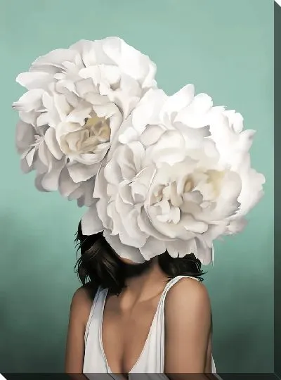 Картина Девушка с цветками на голове на зеленом фоне