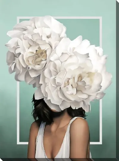 Картина Девушка с пионами на голове на зеленом фоне