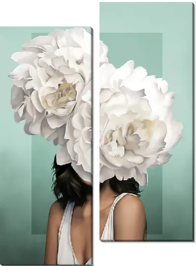 Картина Девушка с двумя пионами на голове на зеленом фоне