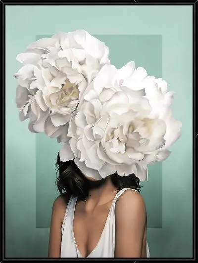 Картина Девушка с двумя пионами на голове на зеленом фоне