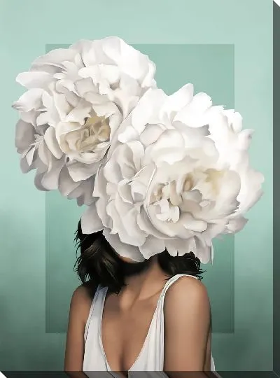 Картина Девушка с двумя пионами на голове на зеленом фоне