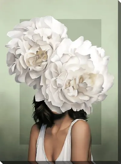 Картина Девушка с 2 цветками на голове на фисташковом фоне