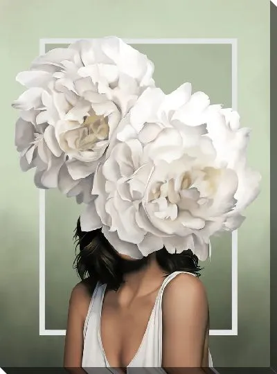 Картина Девушка с пионами на голове на фисташковом фоне