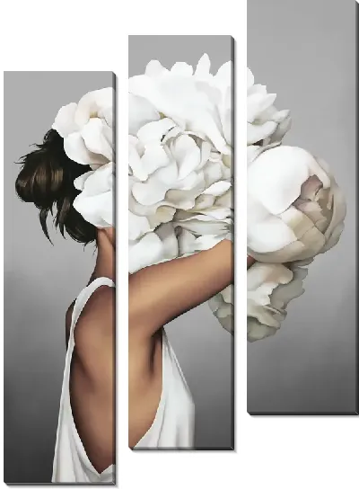 Картина Девушка с букетом цветом на голове на сером фоне