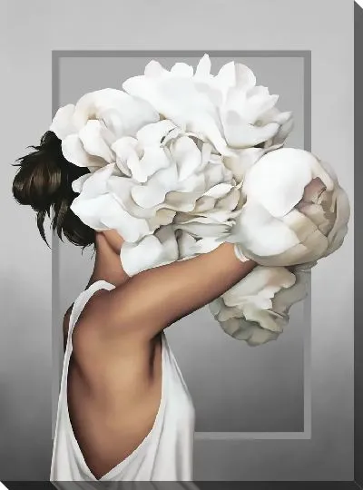 Картина Девушка с букетом пионов на голове на сером фоне