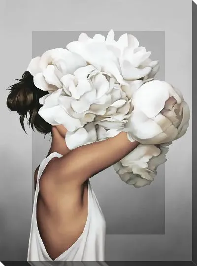 Картина Девушка с букетом белых пионов на голове на сером фоне