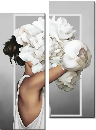 Картина Девушка с букетом белых цветов на голове на сером фоне