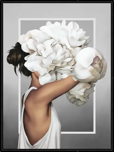 Картина Девушка с букетом белых цветов на голове на сером фоне