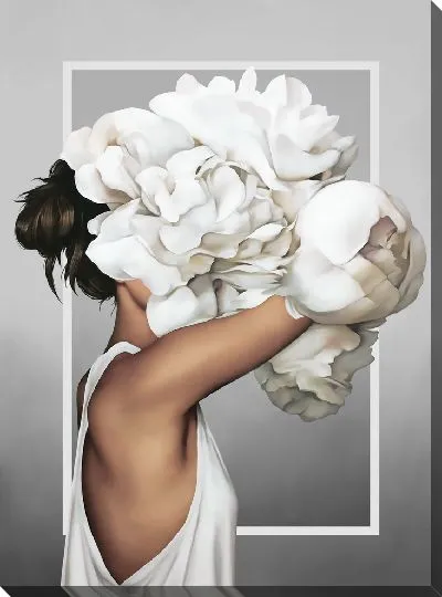 Картина Девушка с букетом белых цветов на голове на сером фоне