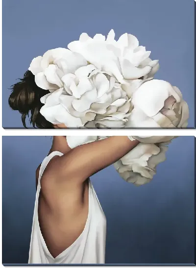 Картина Девушка с букетом цветов на голове на синем фоне