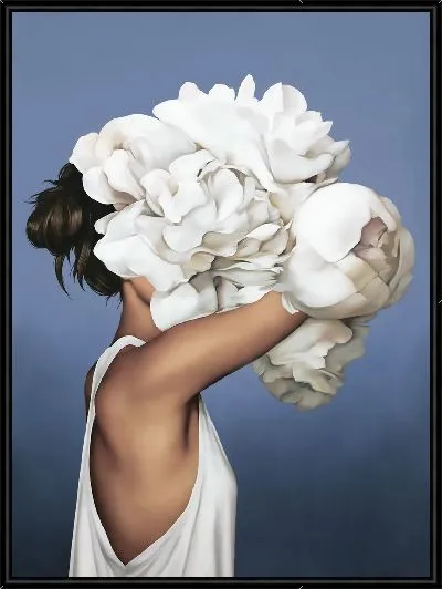 Картина Девушка с букетом цветов на голове на синем фоне