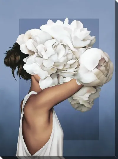Картина Девушка с букетом белых цветов на голове на синем фоне