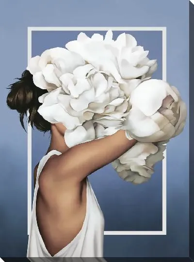 Картина Девушка с букетом белых пионов на голове на синем фоне