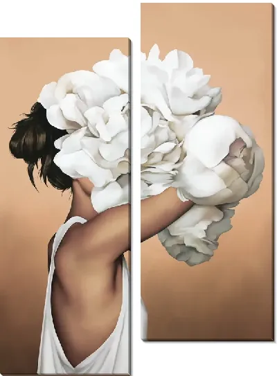 Картина Девушка с букетом цветов на голове на персиковом фоне