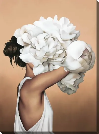 Картина Девушка с букетом цветов на голове на персиковом фоне