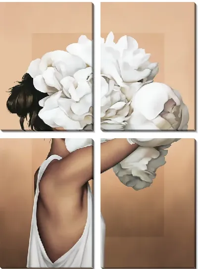 Картина Девушка с букетом пионов на голове на персиковом фоне