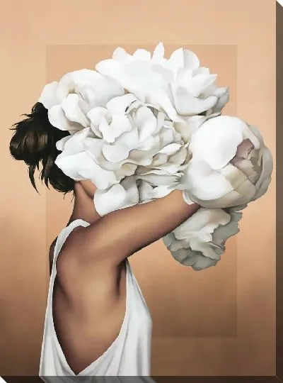 Картина Девушка с букетом пионов на голове на персиковом фоне