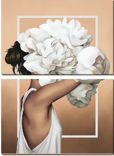 Картина Девушка с букетом белых пионов на голове на персиковом фоне