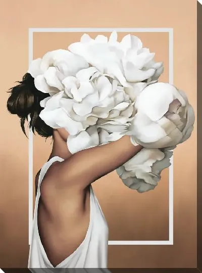 Картина Девушка с букетом белых пионов на голове на персиковом фоне