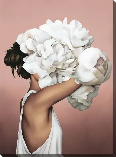 Картина Девушка с букетом цветов на голове на розовом фоне