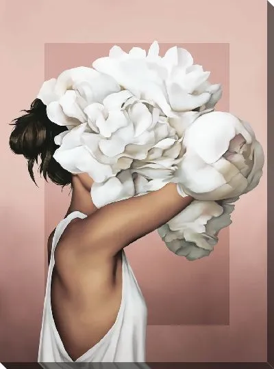Картина Девушка с букетом белых цветов на голове на розовом фоне