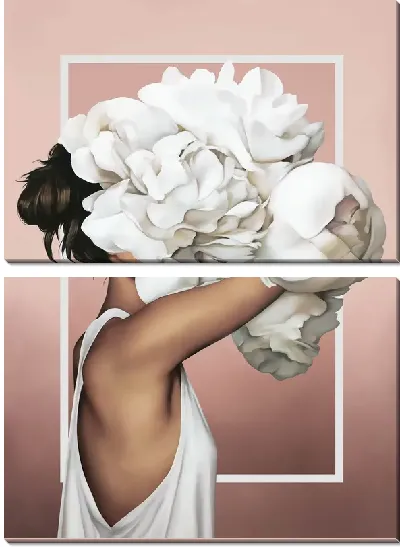 Картина Девушка с букетом пионов на голове на розовом фоне