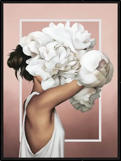 Картина Девушка с букетом пионов на голове на розовом фоне