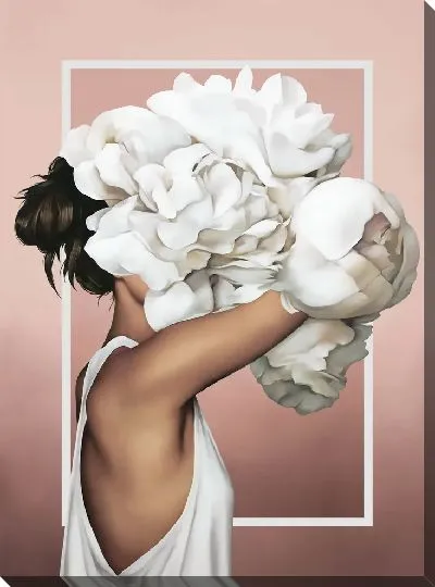 Картина Девушка с букетом пионов на голове на розовом фоне