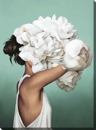 Картина Девушка с букетом цветов на голове на зеленом фоне