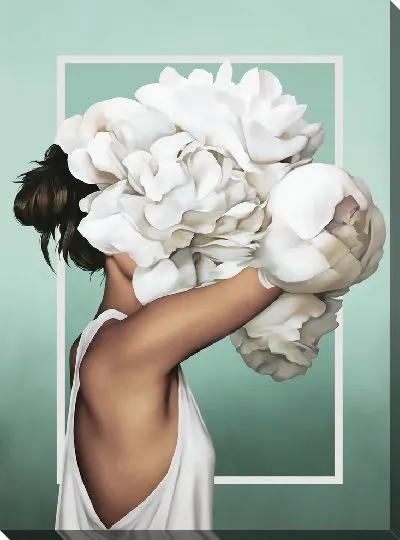Картина Девушка с букетом белых цветов на голове на зеленом фоне