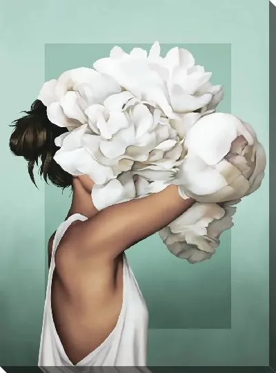 Картина Девушка с букетом пионов на голове на зеленом фоне