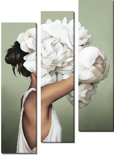 Картина Девушка с букетом цветов на голове на фисташковом фоне