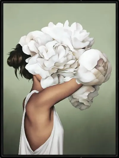 Картина Девушка с букетом цветов на голове на фисташковом фоне
