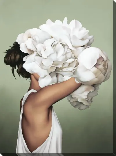 Картина Девушка с букетом цветов на голове на фисташковом фоне
