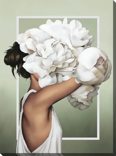 Картина Девушка с букетом белых цветов на голове на фисташковом фоне