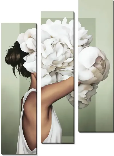 Картина Девушка с букетом пионов на голове на фисташковом фоне