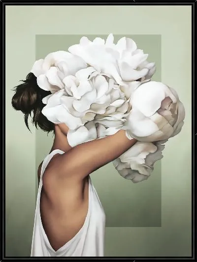 Картина Девушка с букетом пионов на голове на фисташковом фоне