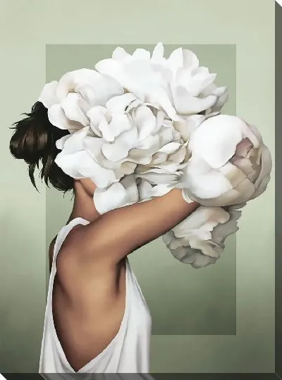 Картина Девушка с букетом пионов на голове на фисташковом фоне