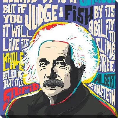 Картина маслом Альберт Эйнштейн на фоне надписей