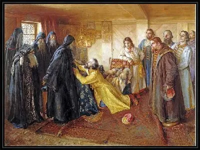 Царь Иван Грозный просит игумена Корнилия постричь его в монахи