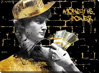 Картина маслом Давид с долларами на фоне черной стены