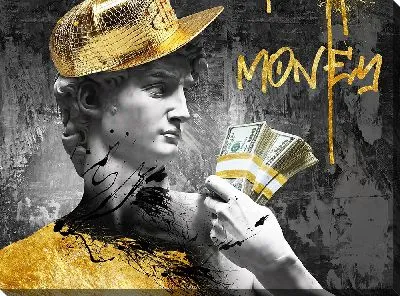 Давид с долларами на фоне серой стены