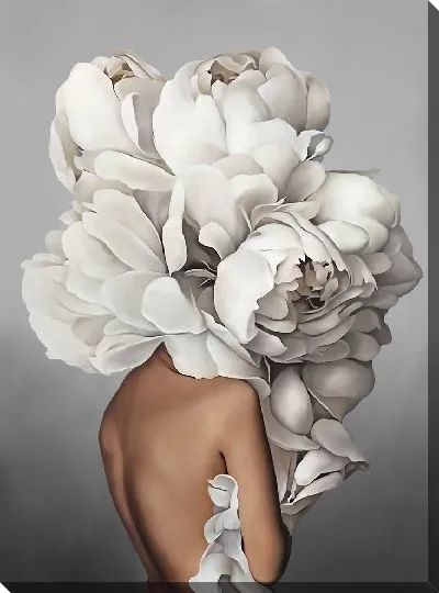Картина Девушка с большим букетом цветов на голове на сером фоне