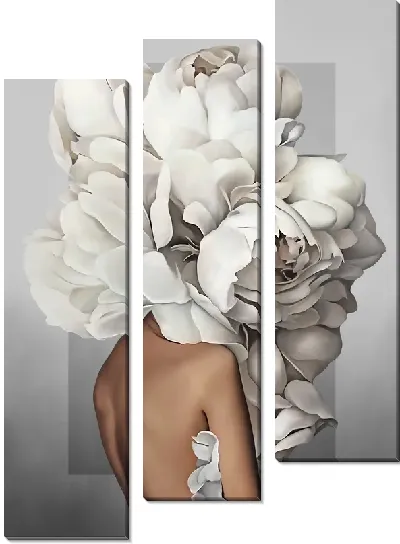Картина Девушка с пионами на сером фоне