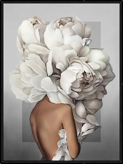 Картина Девушка с пионами на сером фоне