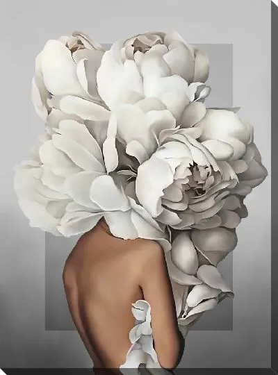Картина Девушка с пионами на сером фоне