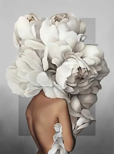 Картина Девушка с пионами на сером фоне